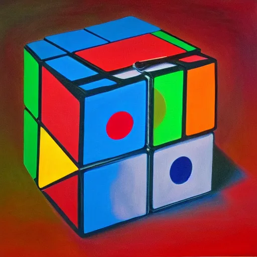 Prompt: a Rubik's cube, surrealist painting, award-winning, 8K, in the style of Salvador Dalí