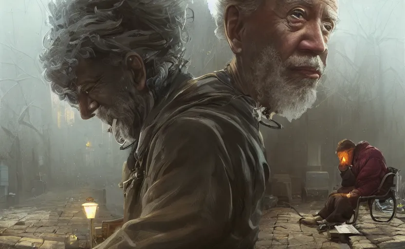 Prompt: highly detailed portrait of joe biden as a homeless, conversing with morgan freeman, stephen bliss, unreal engine, fantasy art by greg rutkowski, loish, rhads, ferdinand knab, makoto shinkai and lois van baarle, ilya kuvshinov, rossdraws, tom bagshaw, global illumination, radiant light, detailed and intricate environment