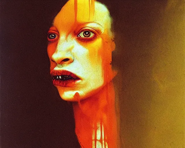 Prompt: by francis bacon, beksinski, mystical redscale photography evocative, full eyebrows lips, expressionism. kat dennings uma thurman christina hendricks tilda swinton