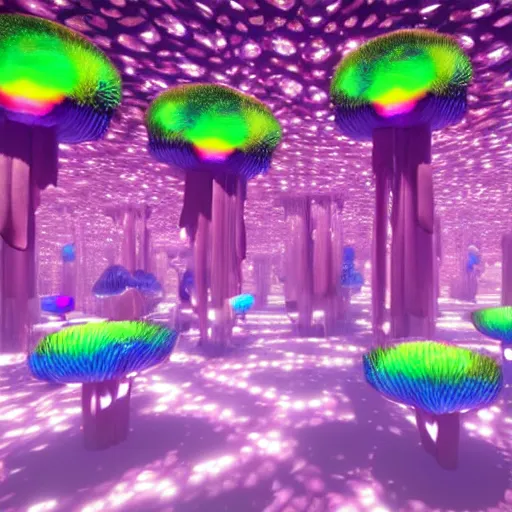 Image similar to jello Mushrooms covering the inside of prismatic jungle, fairy dust in the air, unreal engine