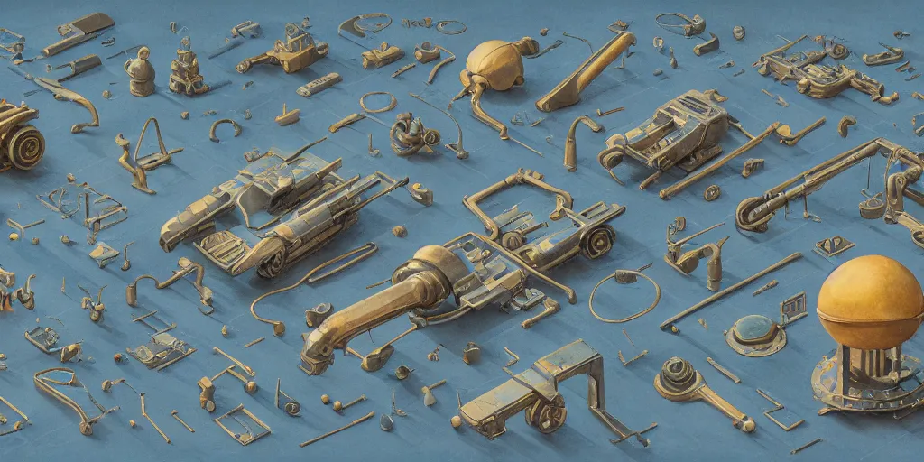 Prompt: collection of exploration of form and shapes, moebius, engine, props, hard surface, panel, simon stalenhag, kitbash, items, gadget, big medium small, close up, vehicles, futuristic, parts, machinery, greebles, insanely detailed, case, hardware, golden ratio, wes anderson color scheme, in watercolor gouache detailed paintings, sleek design, clear