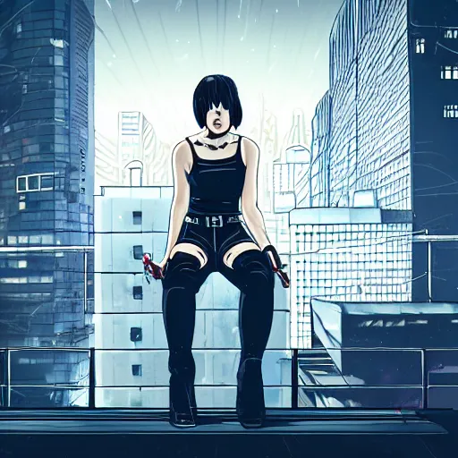 Image similar to young punk woman with short white fringe. grey eyes. Sitting on a rooftop ledge overlooking a cyberpunk city skyline. Album art. In the style of Aeon Flux.