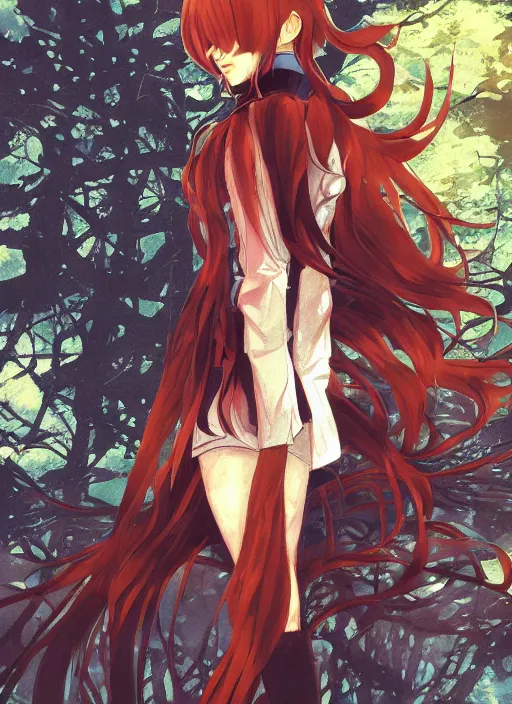 Prompt: illustration by shigenori soejima, by tatsuki fujimoto, by yoji shinakawa, tired girl with fox ears, long wavy orange hair, light brown trenchcoat, forest background, focus on face, pretty, moody lighting, painterly