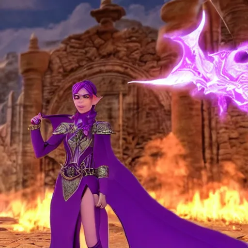 Image similar to high quality unreal engine render of a Dungeons and Dragons character, half-elf sorceress, she has purple hair, 30 years old, a fire spell forms in her hands, ancient Persian city in the background