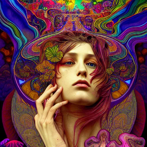 Image similar to An extremely psychedelic experience, reality bending, morphing, transforming, colorful, surreal, magic mushrooms, psilocybin, LSD, face, detailed, intricate, elegant, highly detailed, digital painting, artstation, concept art, smooth, sharp focus, illustration, art by Krenz Cushart and Artem Demura and alphonse mucha