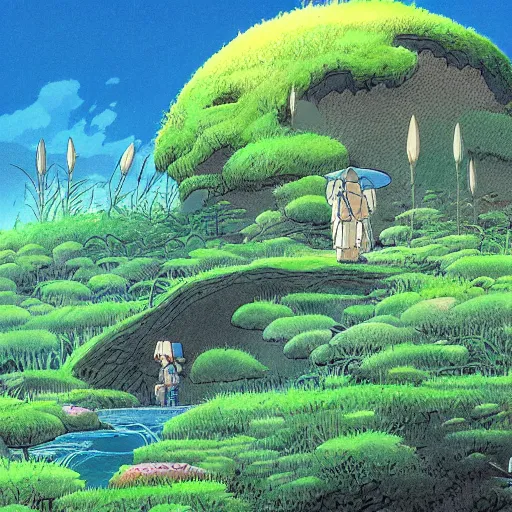 Prompt: illustration of a lush natural scene on an alien planet by hayao miyazaki. beautiful landscape. weird vegetation. cliffs and water.