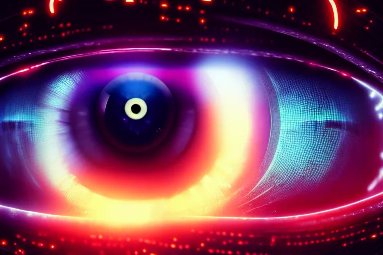 Image similar to portrait of a mystical giant eye, big brother is watching you vibes, mechanic, dystopian, ( ( cyberpunk ) ), intricate, ( ( ( abstract ) ) ), cinematic, glow, neons, octane render, wlop, greg rutkowski, dan mumford, artgerm