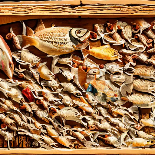 Image similar to Retablo del Mar (Altarpiece of the Sea). The most important work of Sebastian Miranda, depicts scenes of the populous fish market of Gijón, carved on a wooden board. Hyper detailed featured in artstation