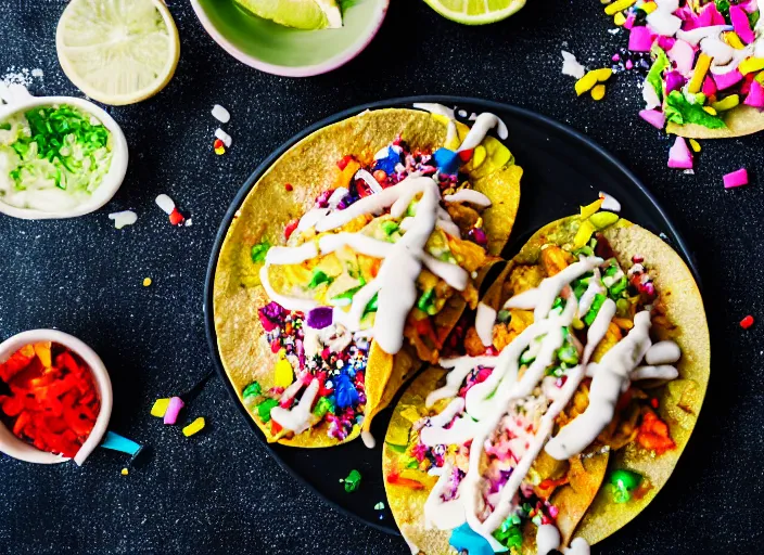 Image similar to dslr food photograph of a tacos topped with rainbow sprinkles, 8 5 mm f 1. 8