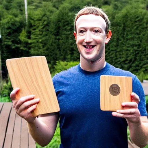 Prompt: mark zuckerberg holding a wooden coaster up to the camera