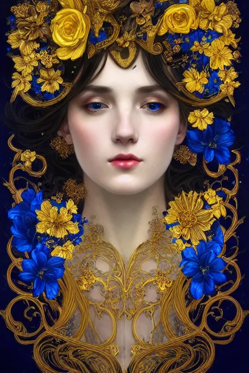 Image similar to beautiful black blue yellow, complicated gold and blue flowers in baroque style headwears, dark fantasy, intricate, elegant, highly detailed, digital painting, artstation, concept art, matte, 3 d 8 k octane rendered, sharp focus, illustration, octane rendered, art by artgerm and alphonse mucha, leesha hannigan