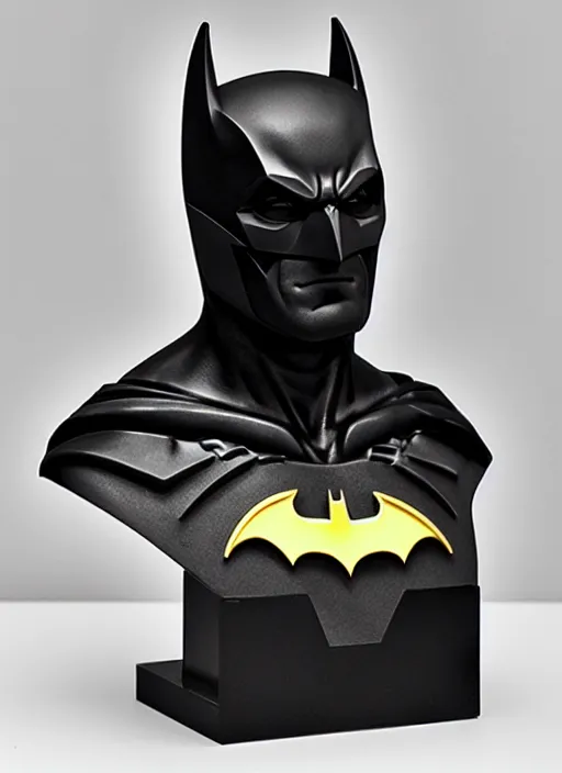 Prompt: an orthographic bust marble sculpture of batman, studio lighting by Wes Anderson