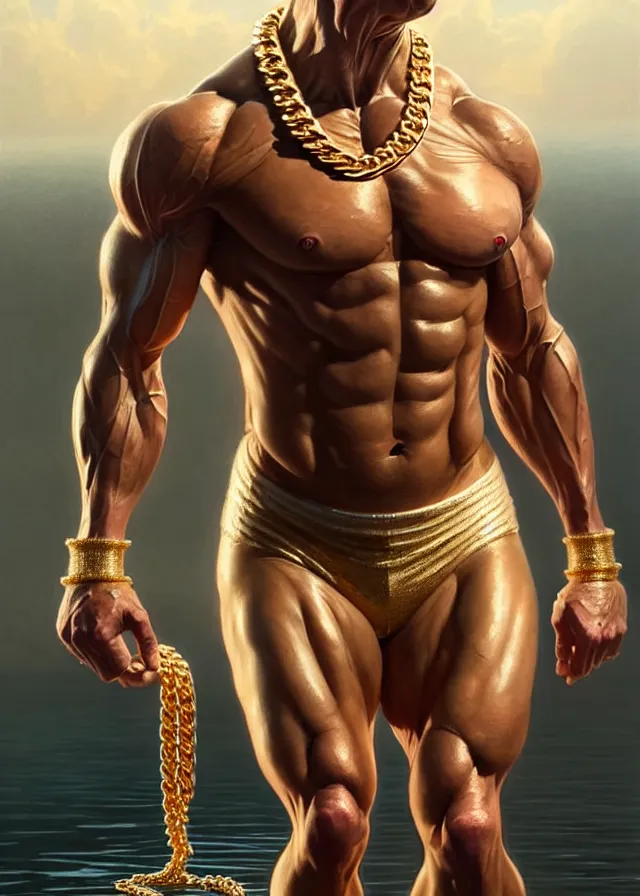 Image similar to super muscular joe biden wearing cycling shorts and gold chains walking on water, elegant, real life skin, intricate, high detailed, artstation, concept art, smooth, sharp focus, art by artgerm and greg rutkowski