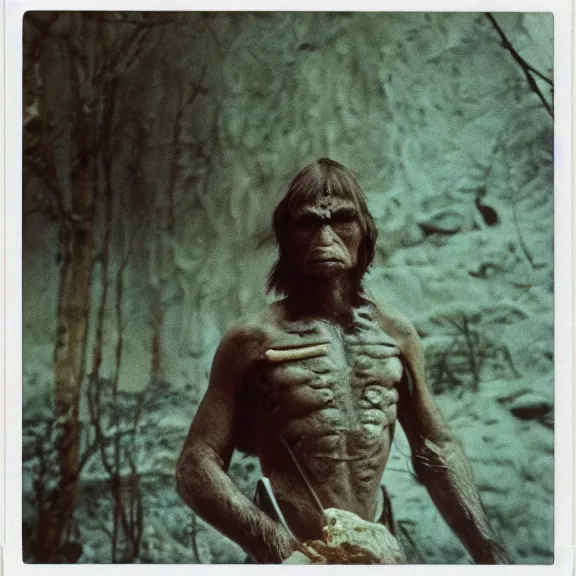 Prompt: polaroid ice age Neanderthal samurai shots by Tarkovsky