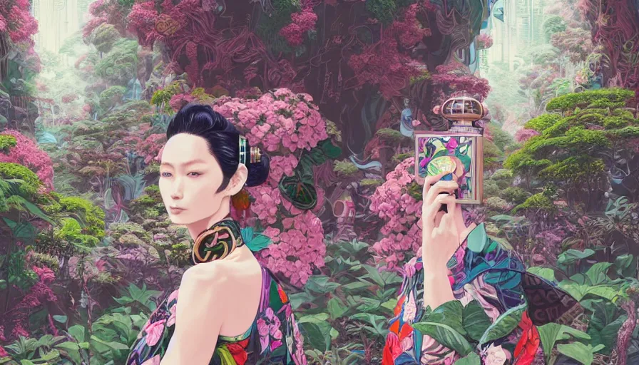 Image similar to a digital painting of a woman wearing gucci exploring a magical japanese temple, lush plants and flowers, eco - cyberpunk art by james jean, cgsociety, retrofuturism, anime aesthetic, chromatic, iridescent, uhd