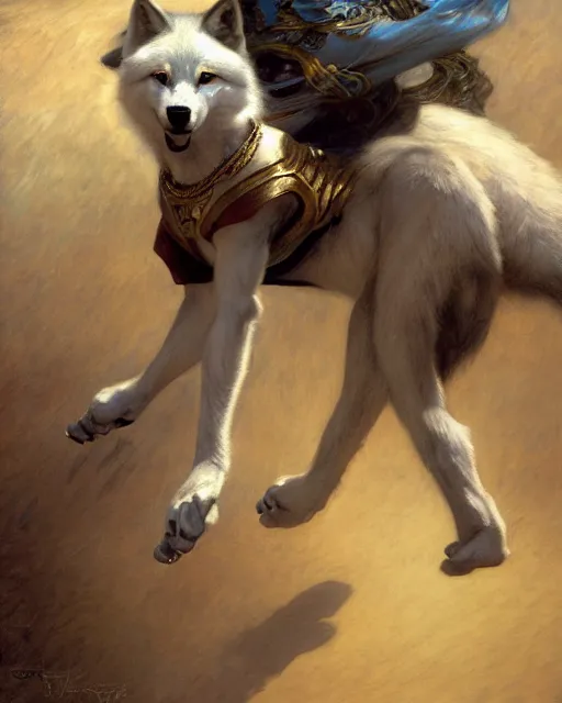 Image similar to white female anthro wolf skating at a roller derby, female fursona, 4 k, trending on artstation, very expressive detailed face, by gaston bussiere, craig mullins, j. c. leyendecker, gustav klimt, artgerm, greg rutkowski, alphonse mucha