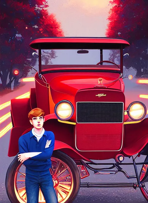 Prompt: teenage archie andrews, in a red ford model t, intricate, elegant, glowing lights, highly detailed, digital painting, artstation, sharp focus, illustration, art by wlop, mars ravelo and greg rutkowski