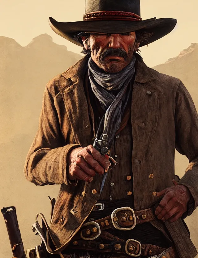 Prompt: close face portrait of an old male cowboy as red dead redemption 2 concept art, art by ryo shiotani and greg rutkowski, intricate, beautiful, cute, cinematic lighting, vintage art by serge ivanoff, high resolution, very detailed