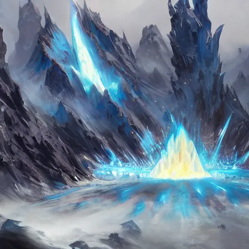 Prompt: blue glacier volcano eruption, blue glacier volcano eruption, blue glacier volcano eruption, ice cold blue theme, bright masterpiece artstation. 8 k, sharp high quality artwork in style of jose daniel cabrera pena and greg rutkowski, concept art by tooth wu, blizzard warcraft artwork, hearthstone card game artwork