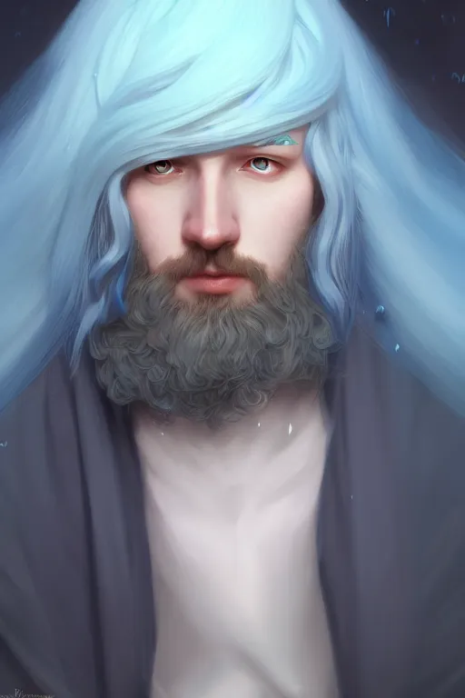 Prompt: a portrait of a blue hair male wizard, illustration, soft lighting, soft details, dark mood, painting oil on canvas by Edmund Blair Leighton and Charlie Bowater octane render trending on artstation d&d characters, 4k, 8k, HD