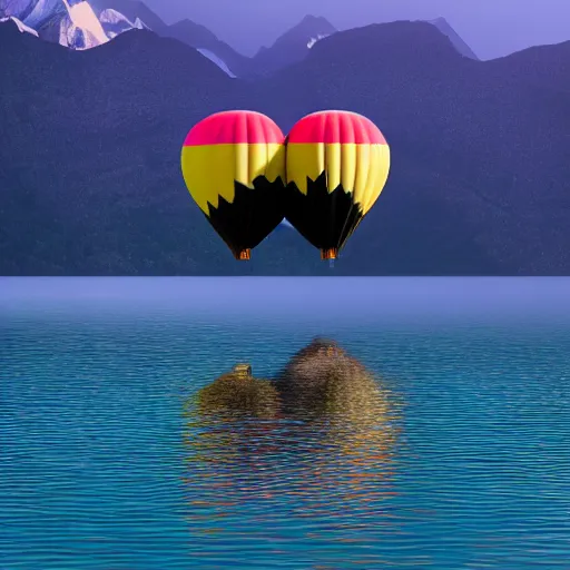 Image similar to photo of two black swans swimming in a beautiful reflective mountain lake, touching heads, forming a heart with their necks, a colorful hot air balloon is flying above the swans, hot air balloon, intricate, portrait, 8k highly professionally detailed, HDR, CGsociety, octane render, 4k