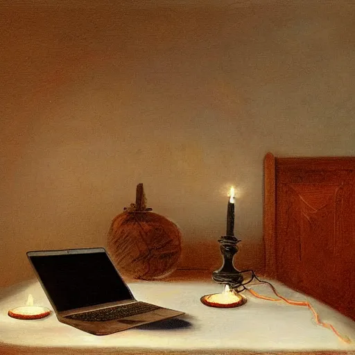 Prompt: a macbook laptop on a candle - lit table. painting in the style of rembrandt