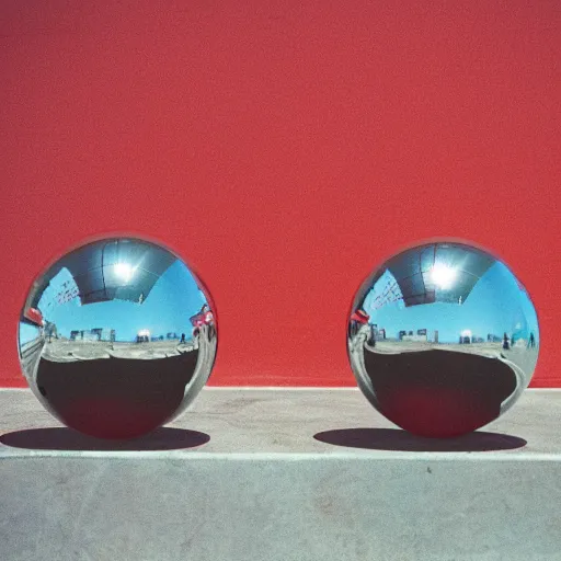 Prompt: chrome spheres on a red cube, fuji superia 100