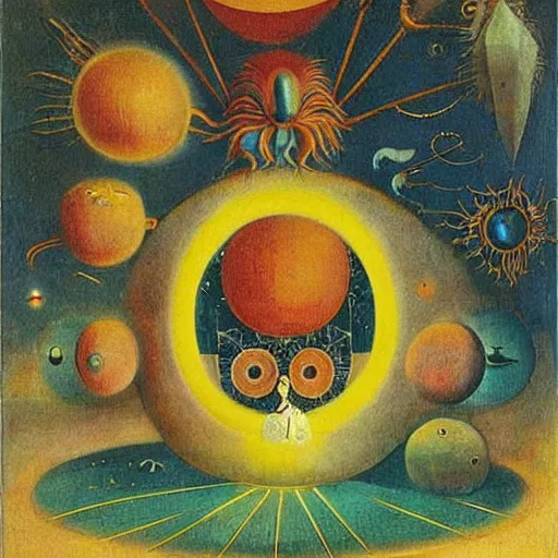 Image similar to a new small cute creature from space cosmic multiple eyes a bit weird cosmic with an intriguing wonderful machine beside him, tarot card, beautiful frames, Leonora Carrington moebius Hieronymus Bosch Max Ernst dali Zdzisaw Beksiñski Roland Topor Henryk Plociennik