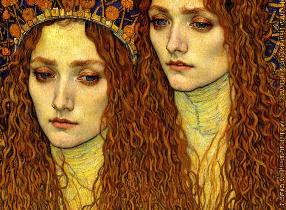 Image similar to detailed realistic beautiful young medieval queen face portrait by jean delville, gustav klimt and vincent van gogh, art nouveau, symbolist, visionary, gothic, pre - raphaelite, muted earthy colors, desaturated