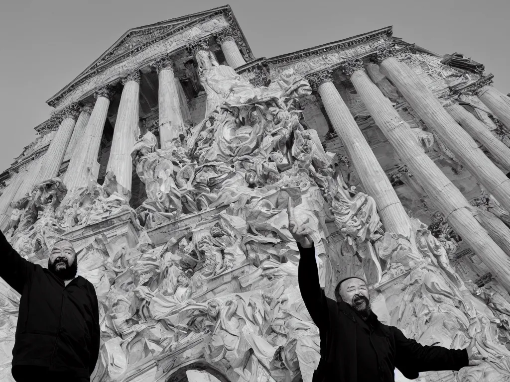 Prompt: ai weiwei a study in perspective black and white photograph arm outstretched giving the middle finger to a famous monument