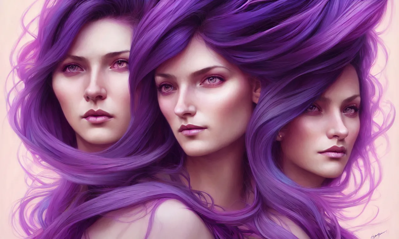 Image similar to Portrait of a woman with bright colored flying hair, all shades of purple. Hair coloring, amber eyes, face, long hair, fantasy, intricate, elegant, highly detailed, digital painting, artstation, concept art, smooth, sharp focus, illustration, art by artgerm and greg rutkowski and alphonse mucha