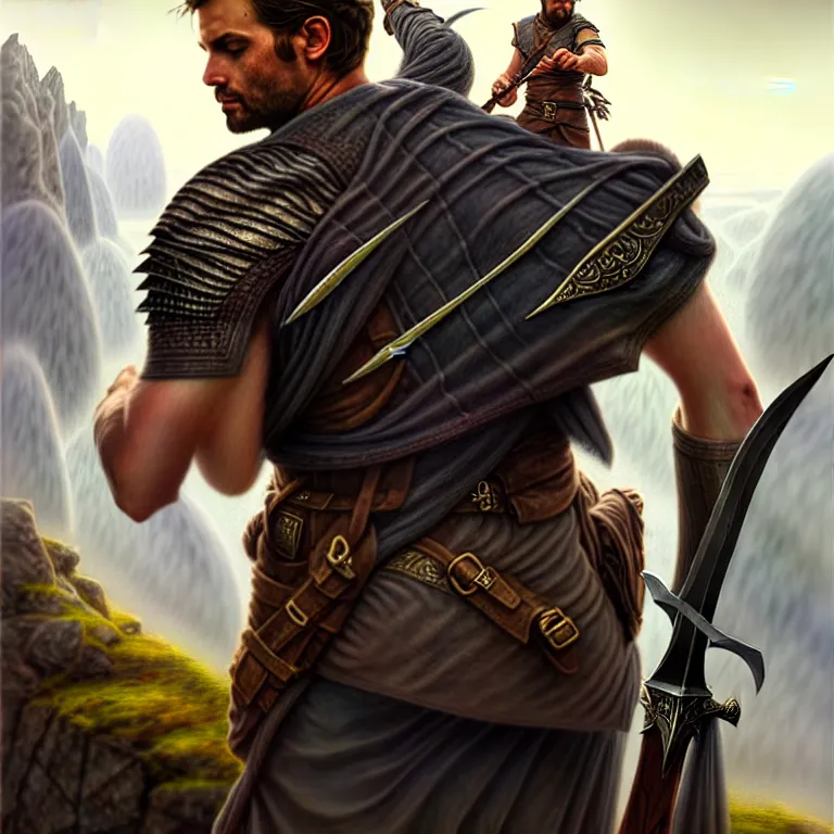 Image similar to middle d & d ranger with rugged expressions falcon pet on his shoulder holding a high detailed long sword, top a cliff observing old ruins of a castle, elegant clothing, photorealistic render, matte painting, highly detailed, artstation, smooth, sharp focus, art by michael whelan, artgerm, greg rutkowski, scrathed image