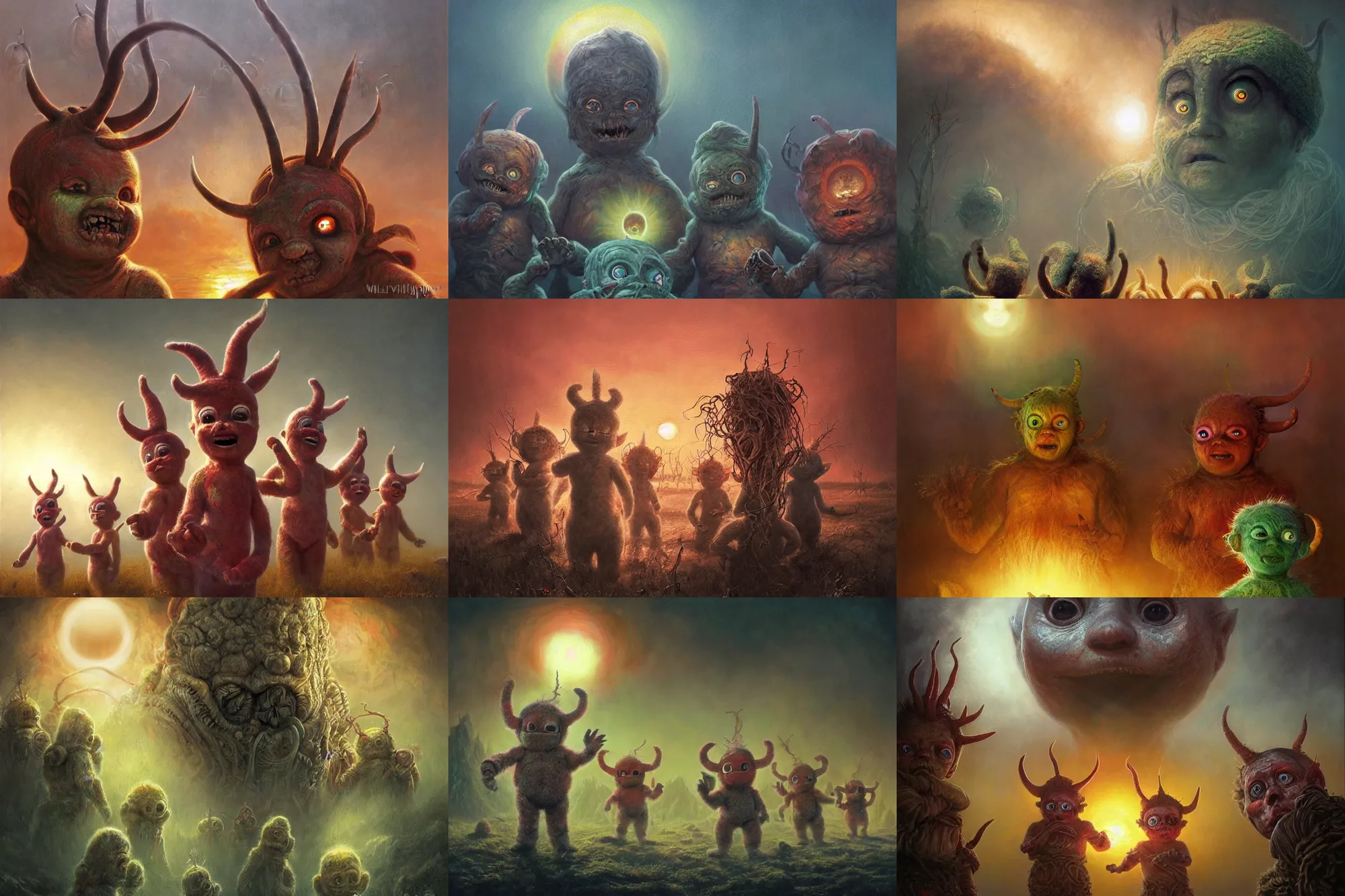 Prompt: highly detailed elden ring portrait photo of multicolored mumakil teletubbies with antennas on their heads tormenting the souls of the damned in a dystopian hell, a baby face depicted as the sun on the horizon, hyperrealistic illustration by william didier pouget and tomasz alen kopera