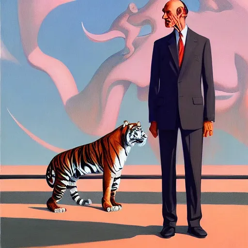 Prompt: Portrait of mr. Tiger wearing a business suit , very coherent, painted by Edward Hopper, Wayne Barlowe, painted by James Gilleard, airbrush, art by JamesJean