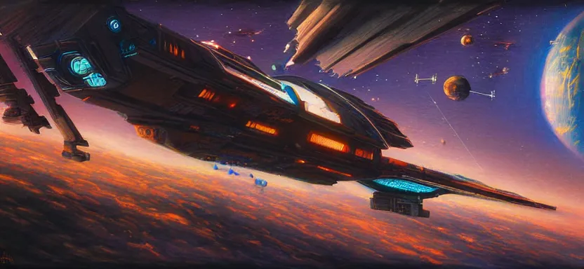 Prompt: beautiful masterpiece painting of spaceship in space, cyberpunk, by juan ortiz 8k