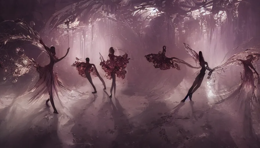 Image similar to victoria secret runway show, light, shadows, reflections, flowers, epic composition, intricate, elegant, volumetric lighting, digital painting, highly detailed, artstation, sharp focus, illustration, concept art, ruan jia, steve mccurry, james jean, peter andrew jones, greg rutkowski, raymond swanland, concept art, iconic