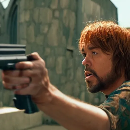 Prompt: shaggy from scooby doo holding a gun, film still from the movie directed by denis villeneuve with art direction by bill ward, wide lens