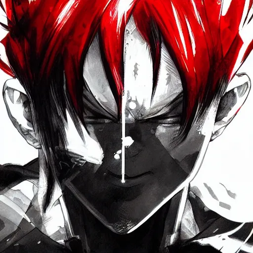 Image similar to Portrait of Shoto Todoroki from My Hero Academia, in the art style of Yoji Shinkawa, trending on Art Station, highly detailed, concept art, great composition