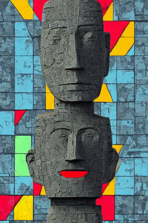 Image similar to cubist moai statue cutout digital illustration cartoon colorful beeple