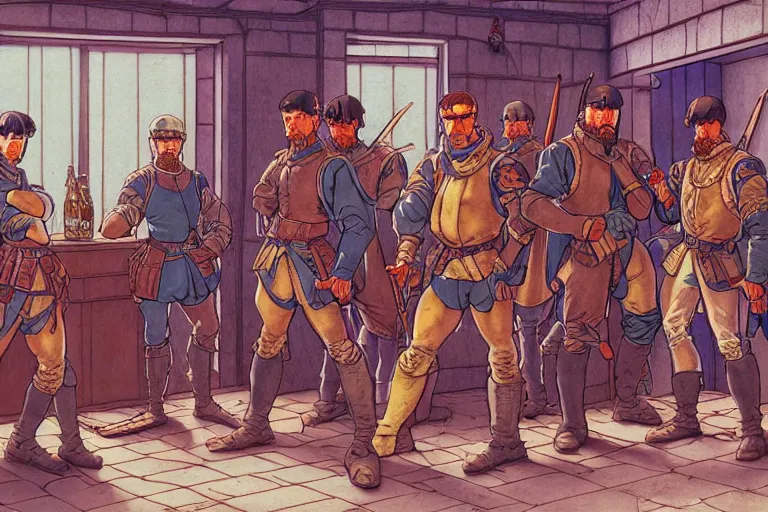 Prompt: cel - shaded establishing shot of a rag - tag team of mercenaries in an old tavern in a late renaissance city, key visual with intricate linework, in the style of moebius, ayami kojima, 9 0's anime, retro fantasy