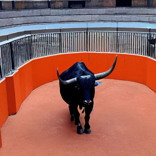 Image similar to bull in a bullring wearing orange prisoner clothes