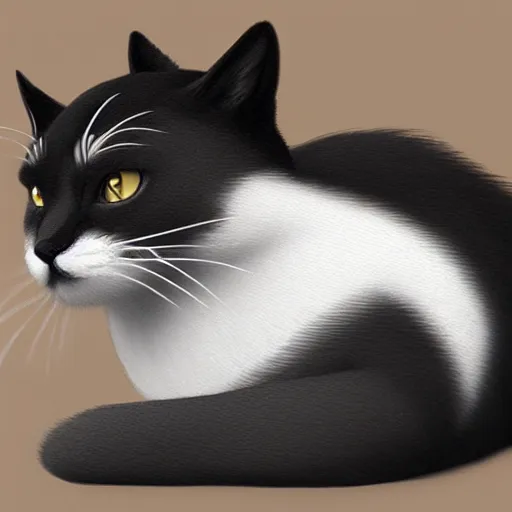 Prompt: beautiful dark grey cat with white belly, white paws and white face markings with long fur and fluffy tail sitting, intricate, elegant, highly detailed, digital painting, artstation, concept art, matte,