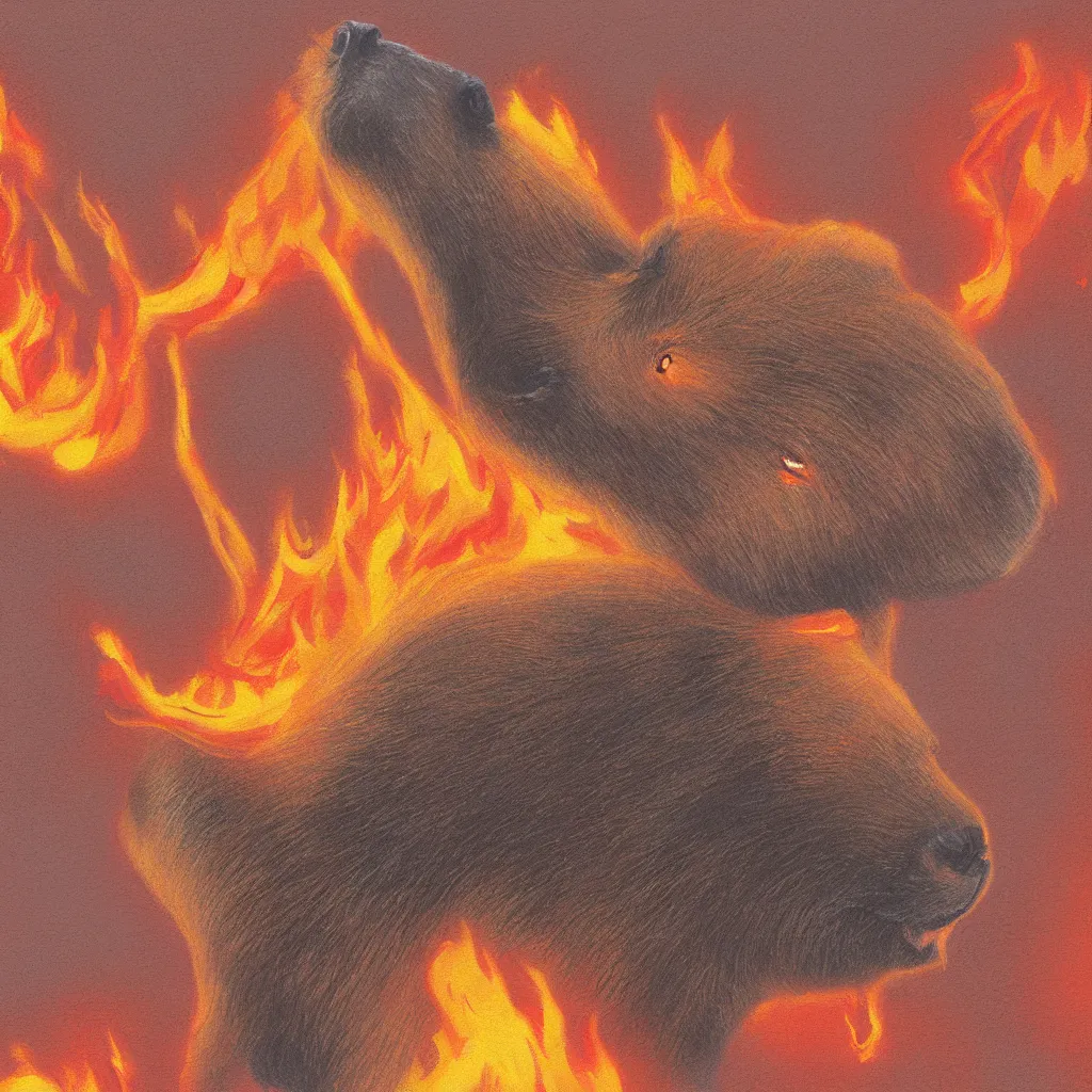 Prompt: one capybara on fire, digital oil painting