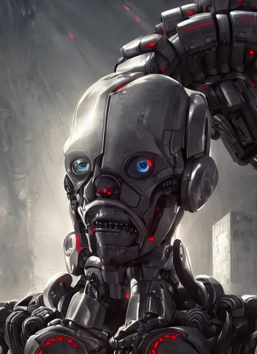 Image similar to cyborg, borg, android, strogg, face of a man, body of a robot, droid, robocop, cable, victor stone, ultron, terminator, machine, flesh, quake, doom demon, wolfenstein, monster, octane render, from an anime movie, symmetry, symmetrical, concept art by ruan jia and greg rutkowski