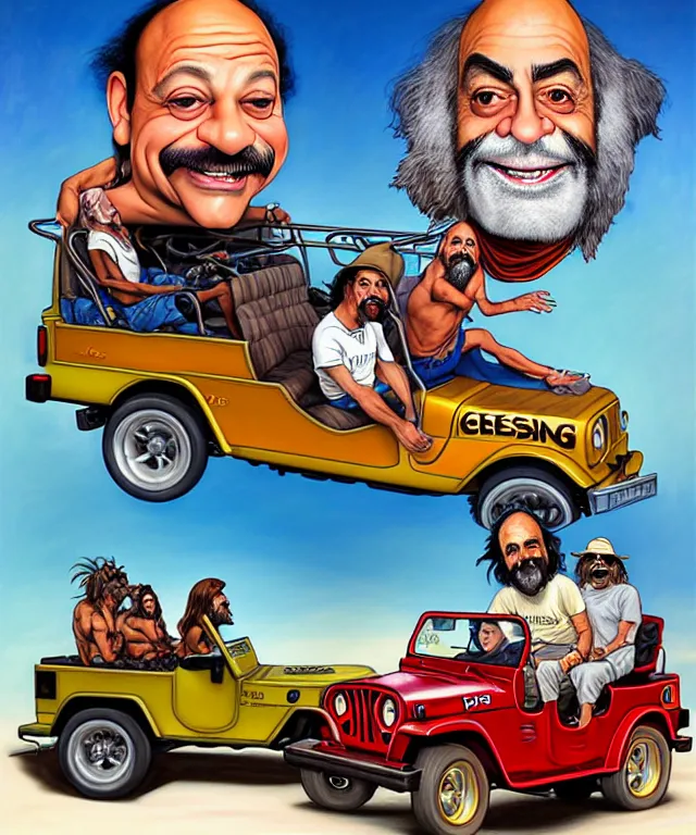 Image similar to Caricatures of Cheech Marin and Tommy Chong, riding in a children's jeep along cocoa beach front, Miami. fun, funny, highly detailed, digital painting, artstation, concept art, smooth, sharp focus, illustration, art by artgerm and greg rutkowski and alphonse mucha