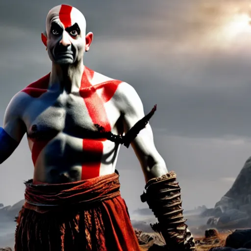 Prompt: mr. bean as kratos from god of war. movie still. cinematic lighting.