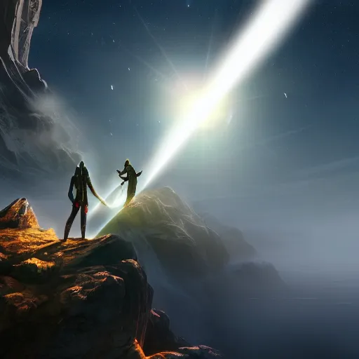 Image similar to sword standing on a glowing rock, distant planet in background, fog, glow, sharp, 4 k, lens flare, highly detailed digital art, trending on artstation