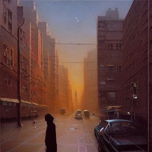 Image similar to a highly detailed and beautiful realistic oil painting of a 21st century city street in a smoky summer night, by Zdzisław Beksiński,Jean Delville, Edmund Dulac,Jean Giraud,Ellen Jewett, #vfxfriday, vivid, hyper realistic, wide angle, detailed, masterpiece, 8k resolution, matte painting, trending on artstation