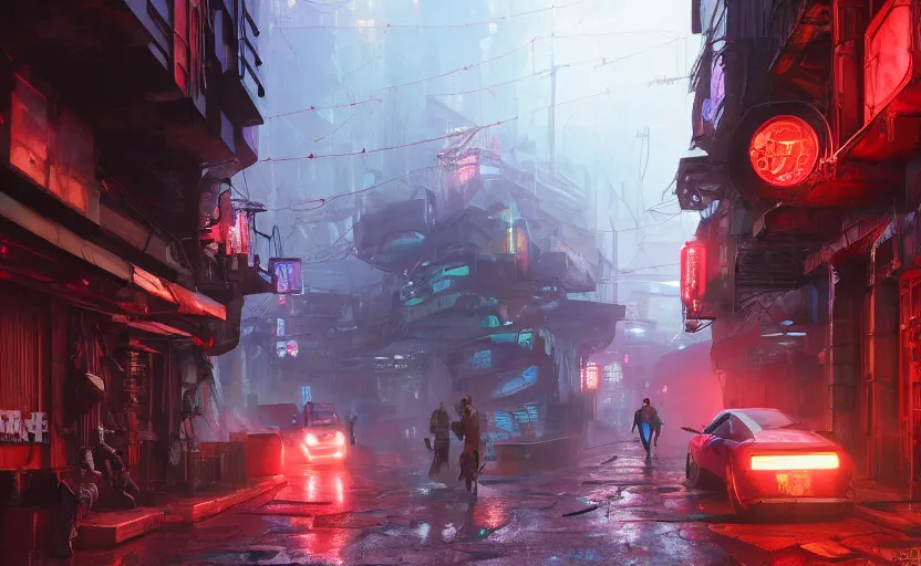 Image similar to close wide angle shot of a matte painting environment design of dystopian cyberpunk alley with neon lights, people on the streets being monitored by flying drones, trending on artstation, painted by dreadjim, eddie mendoza, james paick, ultra realistic, volumetric lighting, 4k, octane render