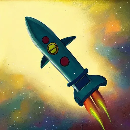 Image similar to A rocketship about to land on an unfamiliar planet, super cool rocket, Acrylic Paint, Concept Art, Digital Art, 16-bit RGB, Global Illumination, by Bob Byerley, by Yoshitaka Amano